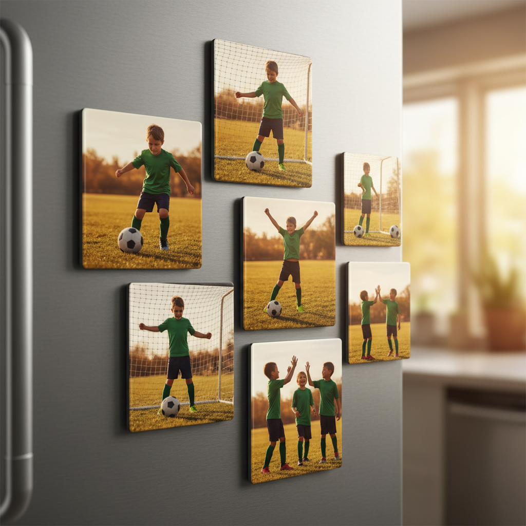 Young soccer player magnets with golden tones